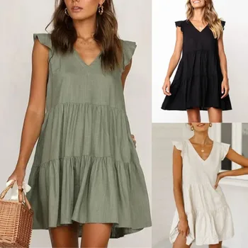 

2020 New Style Western Style Solid Color Joint V-neck Short-sleeve Dress
