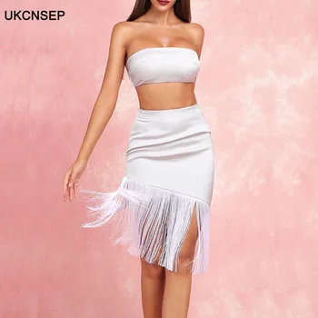 

UKCNSEP New Chic Two Piece Sets Celebrity Evening Party Dress 2020 Sexy Strapless Tassel Bodycon Elegant Summer Dress Vestidos