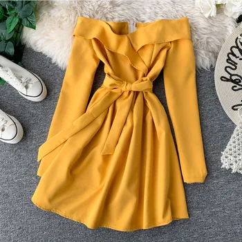 

Slash Neck Sashes Women Midi Dress Solid A Line Long Sleeve Female Elegant Vestidos 2020 Summer Casual Fashion Ladies Dresses
