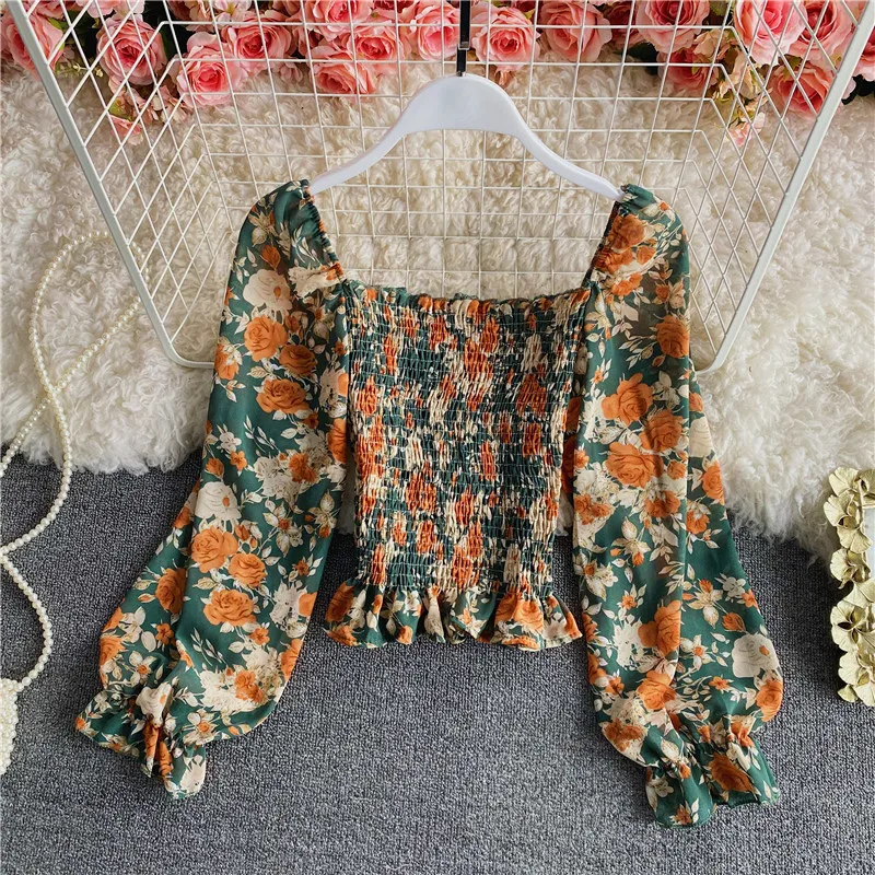 Blusa de estilo coreano con manga larga para verano, camisa con estampado floral y cuello cuadrado para mujer, color liso, 2021