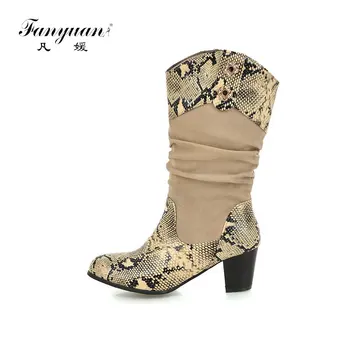 

fanyuan Autumn Winter Women Mid Calf Boots Western Snake Print Cowboy Boots for Women Chunky Cowgirl Boots High Heel Big Size