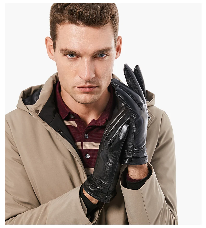 BISON DENIM, мужские перчатки из натуральной кожи, сенсорный экран, овчина, теплые варежки, новые зимние качественные мужские теплые пушистые перчатки S003
