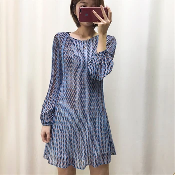 

2020 Spring New Ladies Women Knee-length Dress Women O-neck Geometric Striped Print Femel Holiday Elegant Long Sleeve Dress Fem