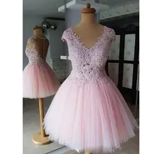Ярко-розовые короткие платья для выпускного вечера с v-образным вырезом и кружевной аппликацией, короткие тюлевые платья для выпускного вечера на заказ, вечерние платья robe de soiree