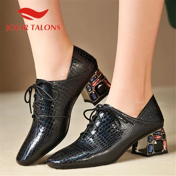 

JOUIR TALONS 2020 Brand Genuine Leather Women Pumps Square Toe Square Heels Crystal lace-up Spring/Autumn Dress Shoes