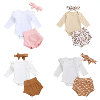 

Newborn Baby Girls Boys Clothes Long Sleeve Ruffles Ribbed Jumpsuit+Floral Leopard Printed Shorts Outfits Sets Autumn Clothing