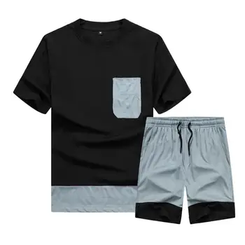 

Men's tracksuits Sets Summer Breathable Gym Tracksuit Color Block Round Collar T-Shirt and Drawstring Shorts 2 Pieces