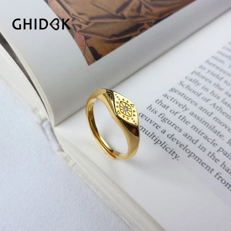 

GHIDBK S925 Silver Devil's Eye CZ Adjustable Ring Geometric Cubic Zirconia Open Rings MInimalist Statement Ring Trendy Jewelry