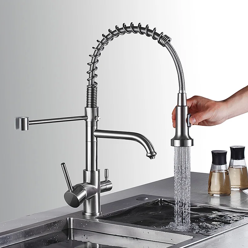 

Virtuous Kitchen Faucet Nickel Single Handle Pull Out Kitchen Tap Single Hole Handle Swivel 360 Degree Water Mixer Tap