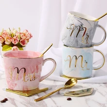 Marble Ceramic Mug Handpainted Gold Monogram Natural Marble Porcelain Coffee Mug Pink Gold Inlay Cup Creative Wedding Gift
