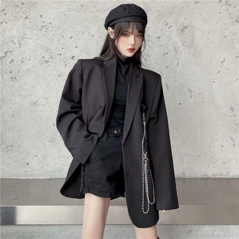 special occasion pant suits New Suit Jacket Women's Trendy Dark Black Retro Loose And Thin Fried Street Suit Jacket Women 2022 Spring And Autumn Loose A plus size dressy pant suits