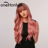 OneNonly-pelucas sintéticas con flequillo para mujer, pelo largo de cuerpo ondulado, degradado, marrón, rosa, pelo Natural para Cosplay, resistente al calor ► Foto 2/6