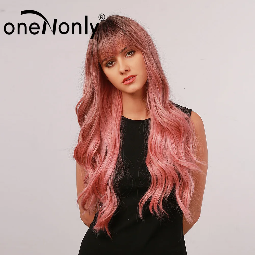 

oneNonly Women's Wigs Long Synthetic Wig Ombre Pink Wig with Bangs Body Wave Wigs for White Black Women Natural Hair Wig Cosplay