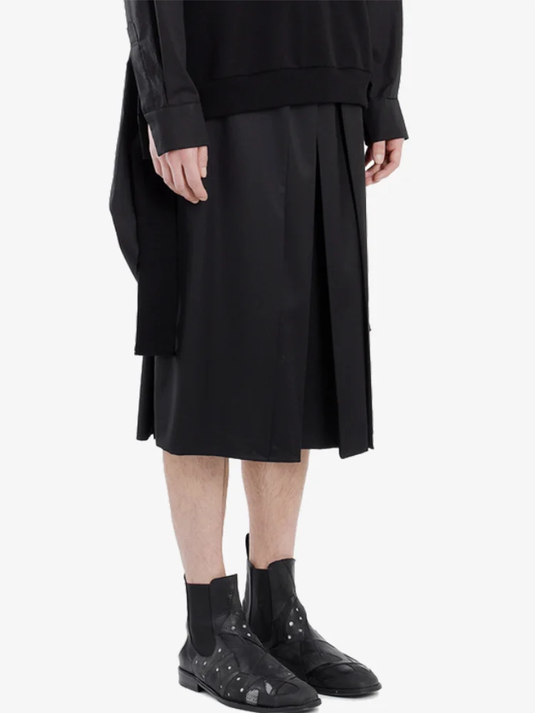 Men's Pant Casual Pants Wide Leg Pants Summer New Black Elastic Waist Wide Pleated Design Large Size Short Pant Skirt