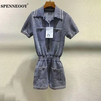 

SPENNEOOY Designer Custom Runway Fashion Female Summer Office Knitting Playsuits Women Elastic Waist Striped Knit Rompers Shorts