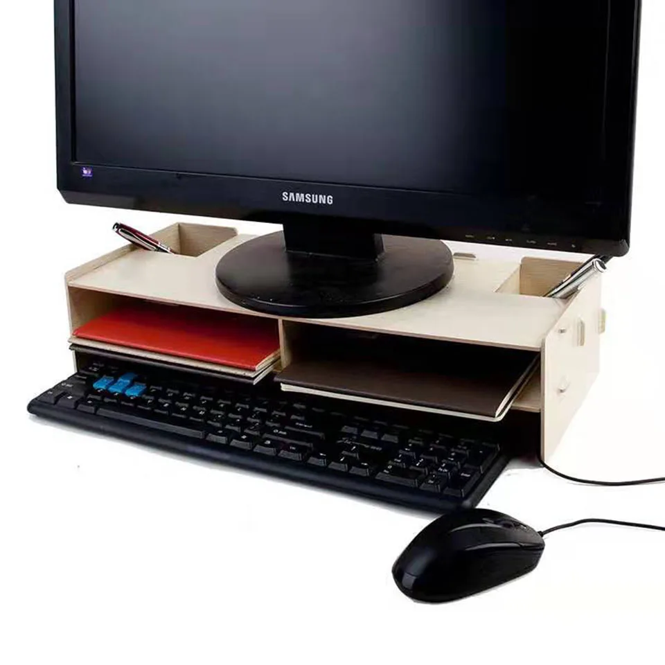 Wooden Computer Monitor Organizer Escritorio TV PC Stand Keyboard Holder Office Desk Organizer Home Desk Storage Box Case