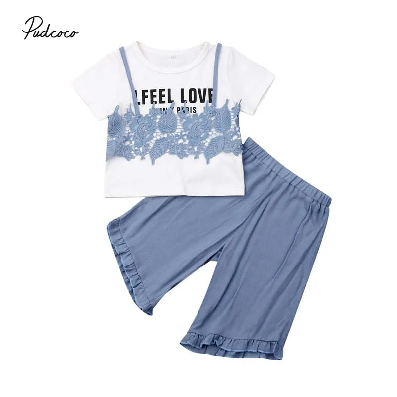 

2019 Brand Toddler Kids Girls Summer T-shirt Floral Lace Straps Tops Wide Leg Long Pants Outfits Set Clothes New Fashion 2Pcs