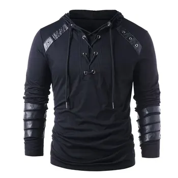 

New Men’ s Hoody Fashionable Long Sleeve Hooded T-Shirt Men’ s Lace Solid Color Warm Tops Gray/Black/Army Green