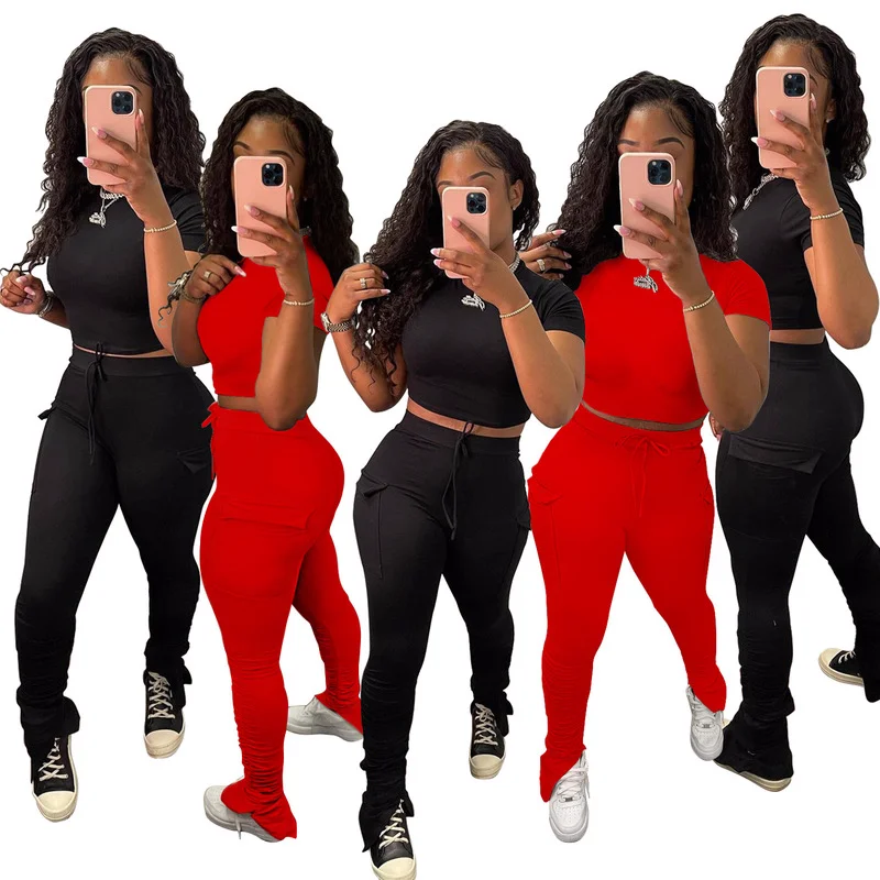 Women Tracksuit Sexy Black Red Bodycon Two Piece Matching Set Stretchy Casual Short Sleeve Crop Top Sporty Stacked Bell Leggings sexy slim fit faux leather skirt black shiny liquid stretchy mini a line hip high pencil short plus size 4xl summer