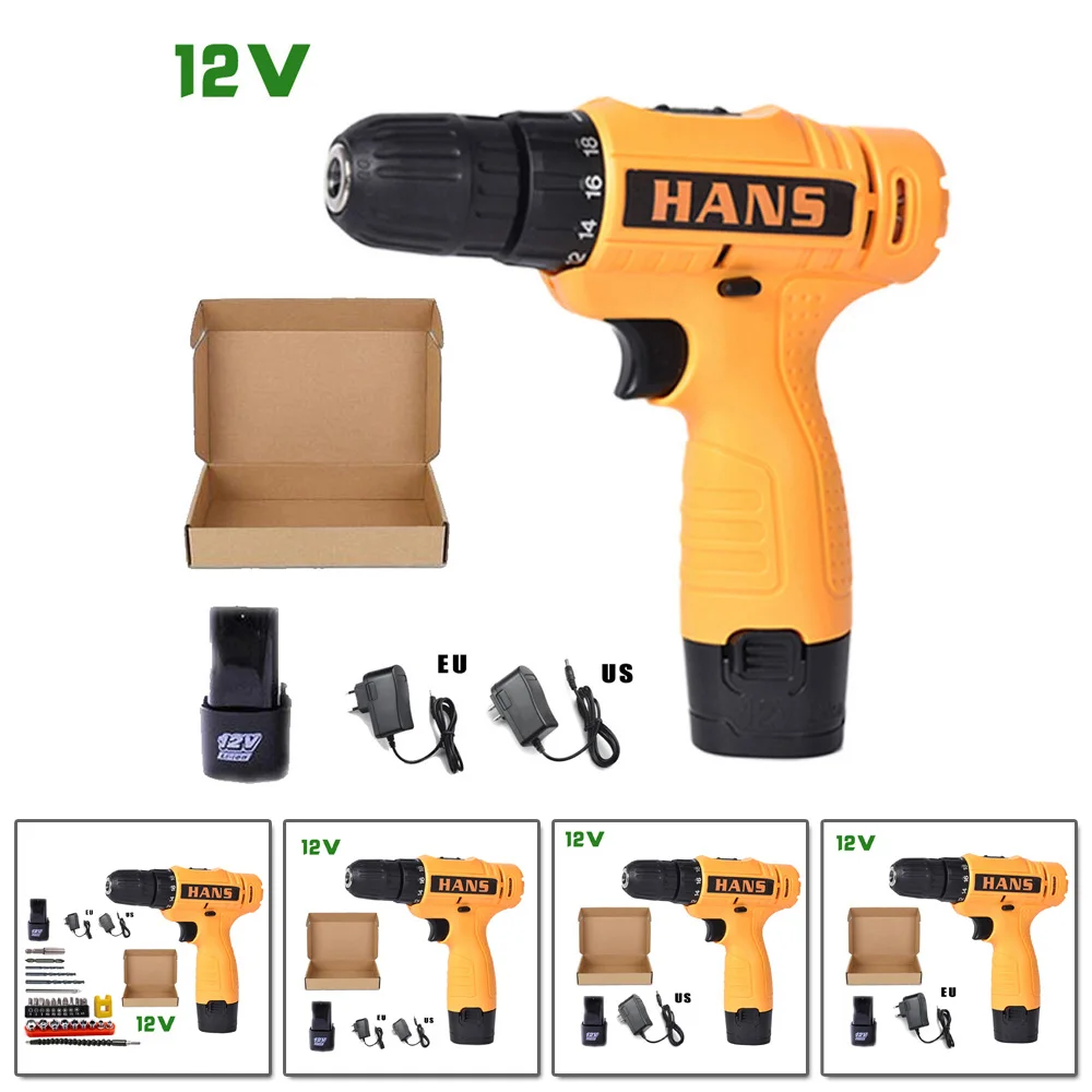 

12V Electric Impact Power Hand Drill Bit Battery Screwdriver Rotary Tools Set 1*Drill+US/EU Charger+Battery+1 Set Accessories