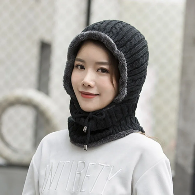 

Women's Hat Winter Outdoor Riding Cold-proof Warm Beanie Ear-guard Knitted Wool Hat Neck Hoodie Knit Beanies for Ladies