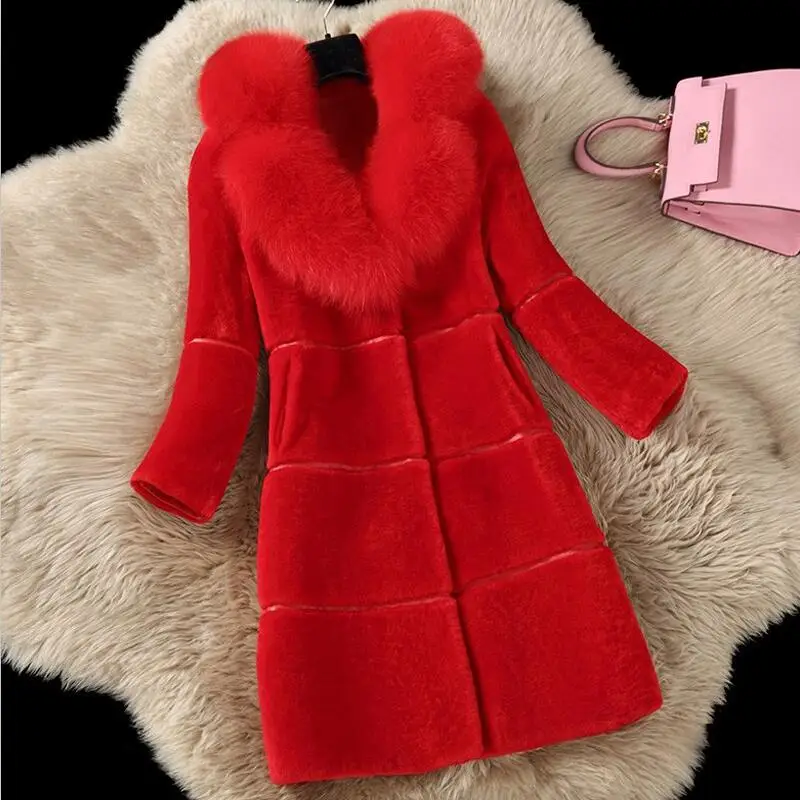 Большие размеры, зимнее меховое пальто для женщин, новинка, зимняя женская меховая куртка, длинный тонкий большой меховой воротник, утолщенные теплые куртки, женские пальто