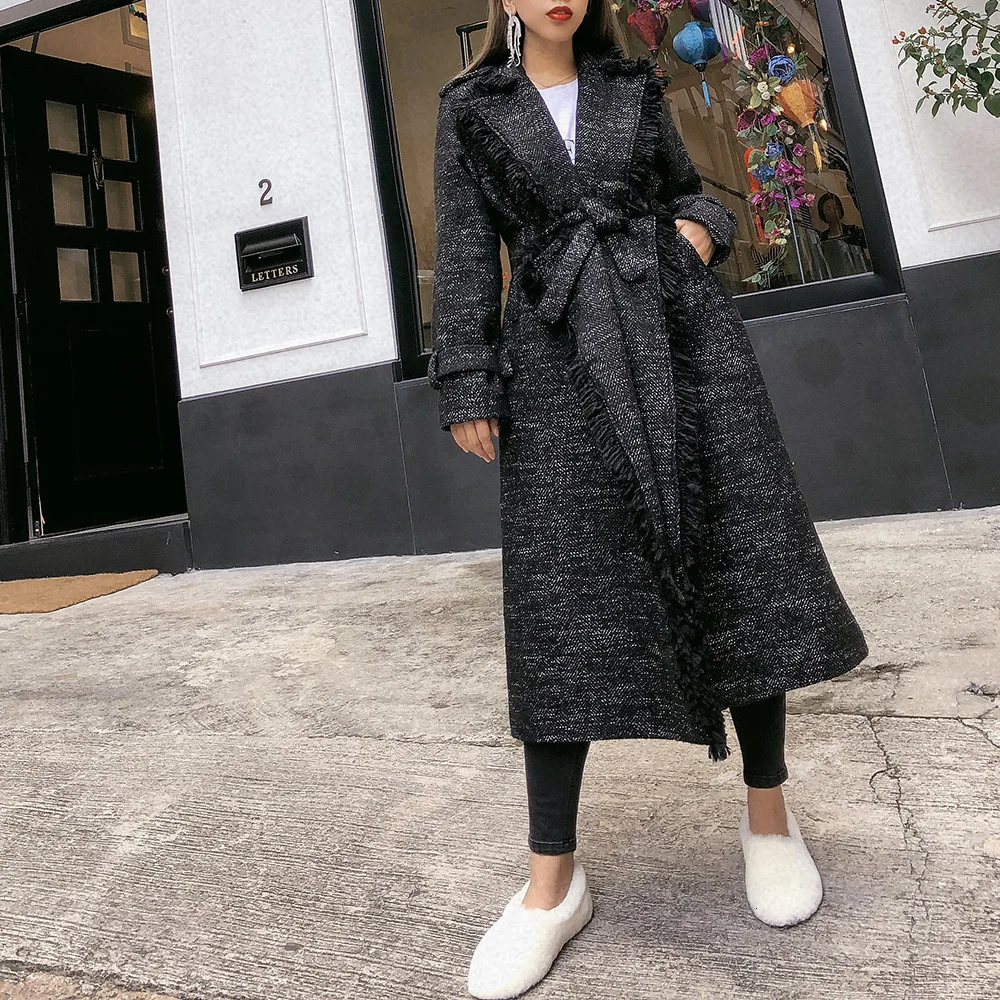 

[EWQ] 2020 high quality autumn winter lapel long sleeve solid patchwork adjustable waist vintage woolen coat women AH91000M