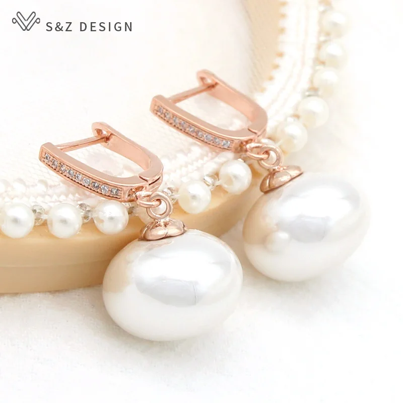 S&Z DESIGN New Trend Big Simulation Pearl Dangle Earrings For Women Wedding 585 Rose Gold Color Cubic Zirconia Jewelry Gift