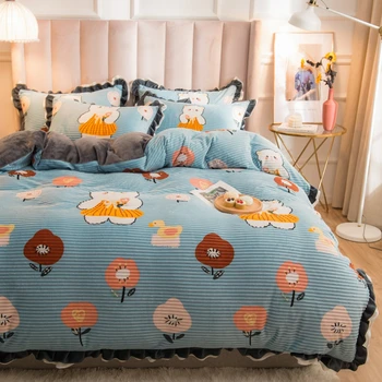 

4pcs Winter Flannel Bedding Sets Soft Warm Coral Fleece Duvet Cover Bed Sheets Pillowcase Kit Bedding Set Bed Linens Waterwash