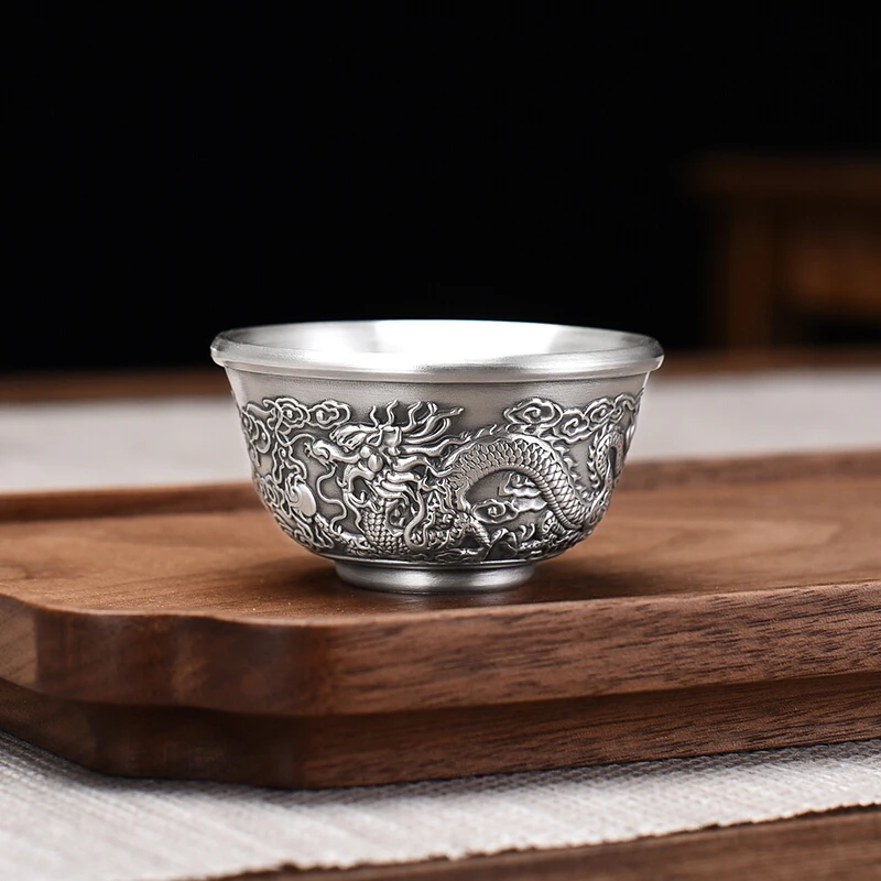 

Silver teacup 999 sterling silver Kungfu tea set tea cup double layer not hot household small silver cup wine glass gift gift
