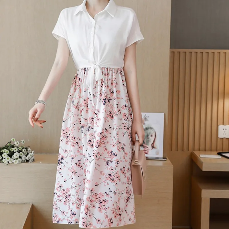 

Nice Summer Women Korean Chiffon Short Sleeve Plus Size Dress Bow Female Midi Dress Casual Fake Two Piece Print Shirt Dress