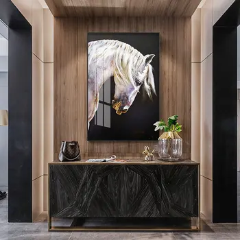 

Modern White Horse Realistic canvas painting posters and print black and white wall art picture for living room aisle home decor