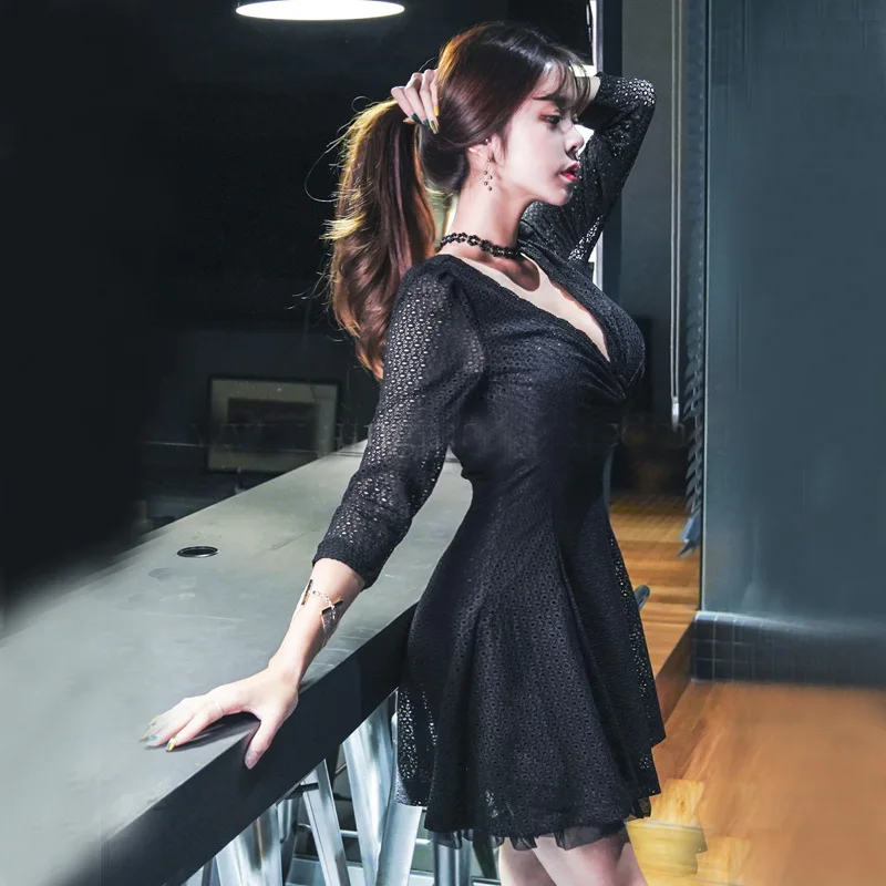 

Spring And Summer New Style Korean-style Fashion Slim Fit Slimming A- line Skirt Lace Gauze Joint Deep-V-Black Dress 6073 Women'
