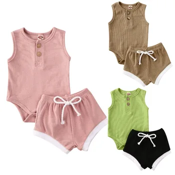 

Baby Girls Boys Outfit Summer Infant Simple Solid Color Sleeveless Round Collar Romper + White Edge Casual Shorts Set