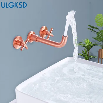 

ULGKSD Rose Gold Bathroom Faucet Double Handle Hot and Cold Water Mixing Basin Faucet 360 Rotation Wall Mounted