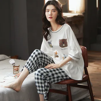 

Cute Lady 2PCS Sleep Suit Print Nightwear Cotton Pajamas Set Sleepwear Soft Home Clothes Shirt&Shorts Casual Homewear Pijamas