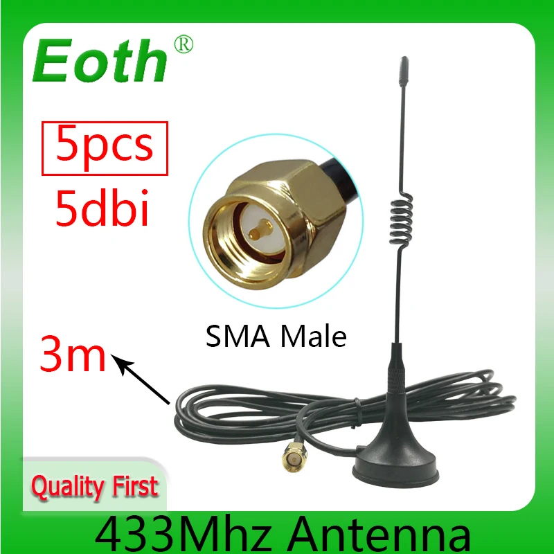 EOTH 5pcs 5dbi 433Mhz GSM Antenna SMA Male Connector 433m Straight  IOT Magnetic base Ham Radio Signal Booster Wireless Repeater 2 4ghz wifi antenna high gain 5dbi sma male for router booster and 21cm iot rp sma to ufl ipx 1 13 pigtail extension cable