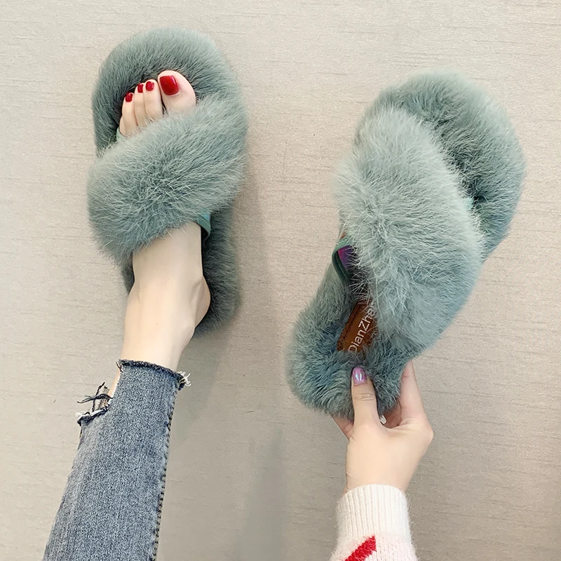 

Size 35-50 Nice New Autumn Women Fox Fur Flip Flops Flat Heels Ins Trend Elegant Shoes Woman Sexy Ladies Outside Use Slippers