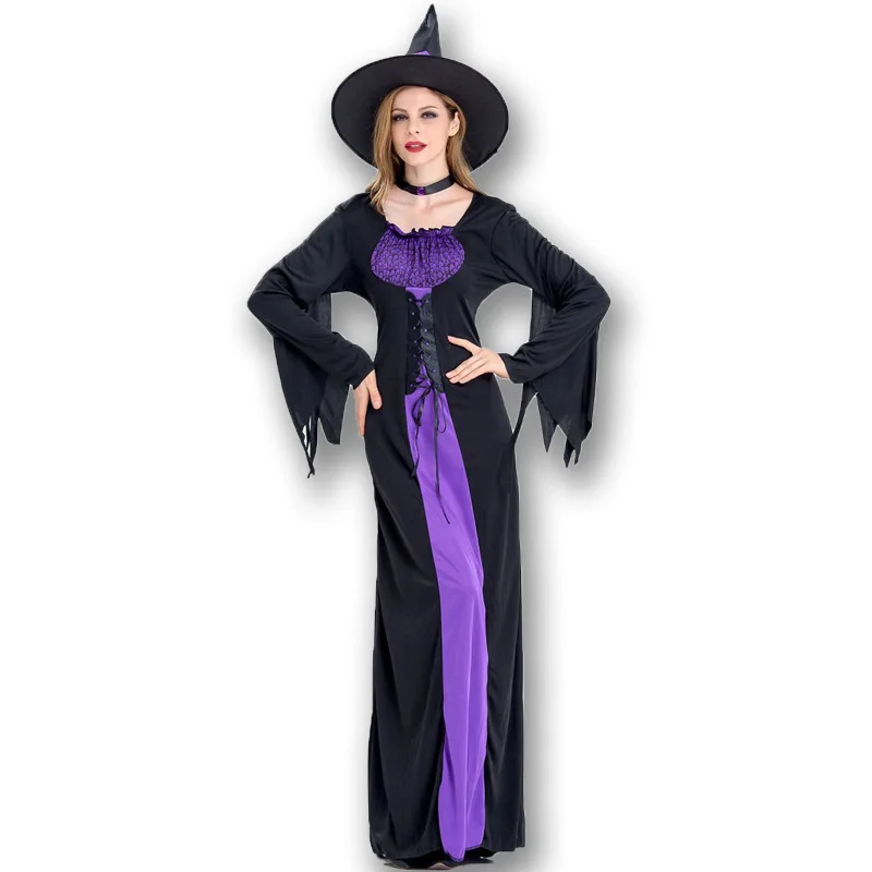 

Halloween Witch Vampire Costumes for Women Adult Scary Purple Carnival Party Performance Drama Masquerade Clothing with Hat