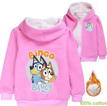 

Winter new style cotton cartoon bingo bluey print plus velvet thick warm casual hooded zipper jacket boy Girls kids cotton coat