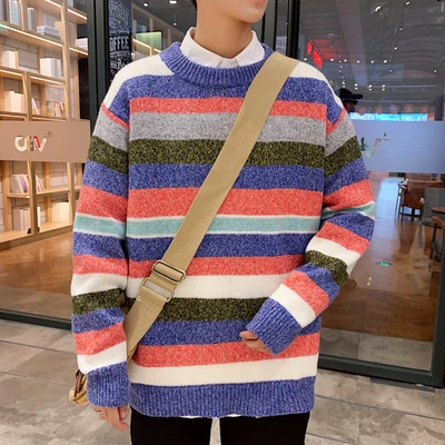 Мужской полосатый свитер, новинка, высокое качество, теплый мужской вязаный свитер, кашемир, длинный рукав, свободный, пэчворк, свитер, Мужской пуловер - Цвет: Синий