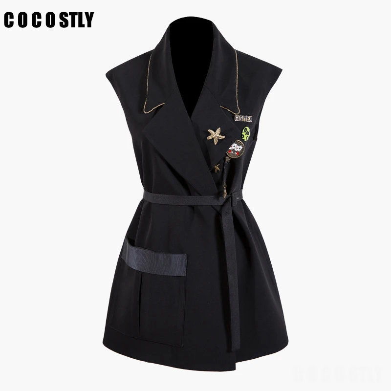 

High Quality 2019 Designer Runway Vest Women's Sleeveless Badge Notched Collar Wrap long vest gilet femme