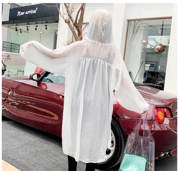 Spring And Summer New Style Korean-style Loose-Fit BF Mid-length Striped Shirt Hooded Sunscreen Coat Thin Coat