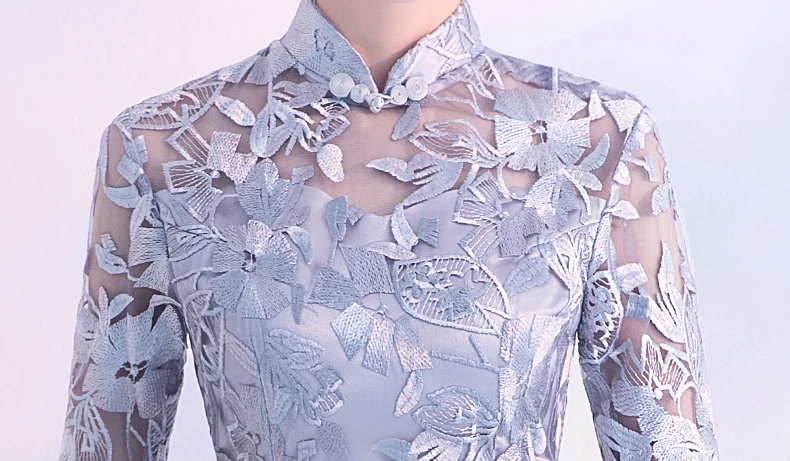 Кружевное китайское свадебное платье Cheongsam серого и синего цвета, женское тонкое китайское традиционное платье с коротким рукавом vestido chines, женское платье Qipao