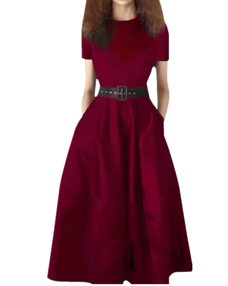 Noble Fashion Women Dresses O Neck Ball Gown Mid Waist Pockets Long Dresses Solid Color Street Casual Office Lady Dresses Z2703
