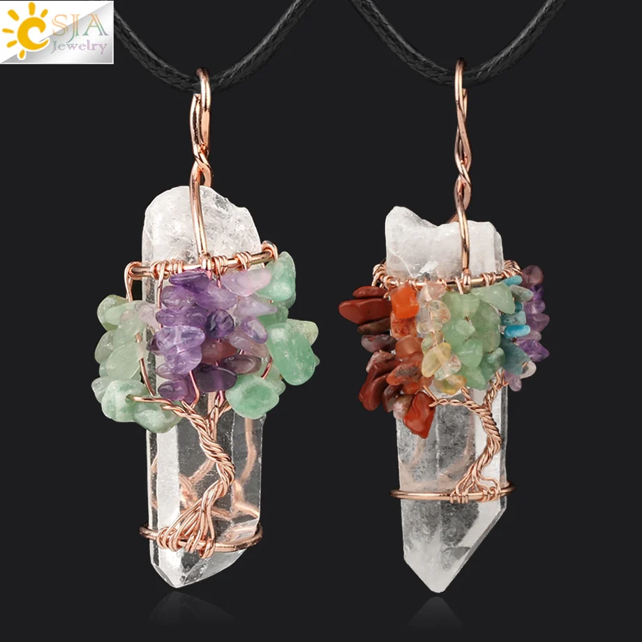 

CSJA Natural Rock Crystal Quartz 7 Chakras Necklaces & Pendants Tree of Life Gem Stones Pendant Wire Wrapped Reiki Jewelry S454