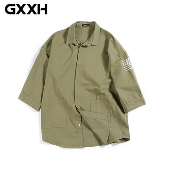 

GXXH Men Shirt Short Sleeve Dark Green Shirt Men Blouse Personalized 3 Pockets Design 100%Cotton Male Shirt Plus Size 5XL 6XL7XL
