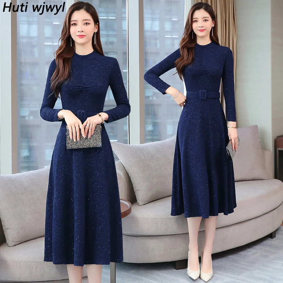 

2019 Vintage Blue Long Sleeve Midi Dresses Autumn Winter 2XL Plus Size Solid Women Bodycon Dress Elegant Party Femal Vestidos