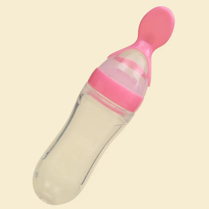 Новейший горячий ребенок 90 мл прекрасный безопасности для младенцев силиконовые кормления с ложкой кормушка риса бутылочка для каши для лучшего подарка - Цвет: Розовый