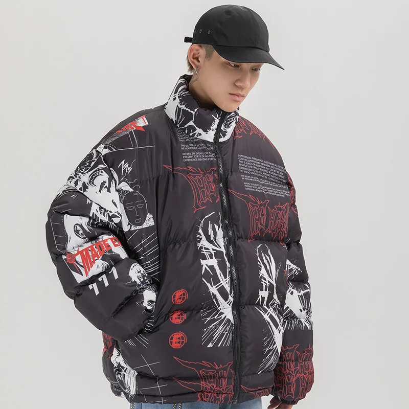 Harajuku Winter Padded Jacket Coat Men Warm Hip Hop Parka Outwear Japanese Streetwear Cartoon Graffiti Cotton |